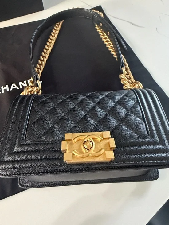 Chanel Black Quilted Leather Boy Bag with Gold Chain - Picture 2 of 7